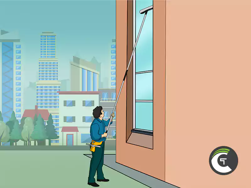 High-rise Window Cleaning with Telescopic Pole.